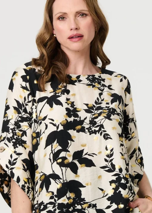 Izabel London Black Metallic Trim Leaf Print Blouse