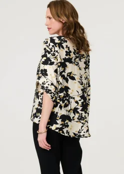 Izabel London Black Metallic Trim Leaf Print Blouse