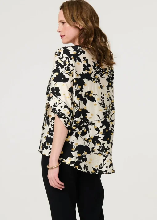 Izabel London Black Metallic Trim Leaf Print Blouse
