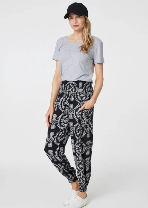 Izabel London Black Printed Smocked Waist Harem Pants