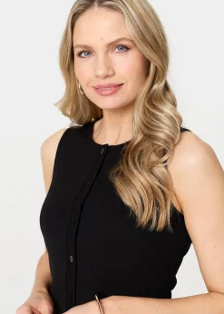 Izabel London Black Sleeveless Button Front Slim Vest Top