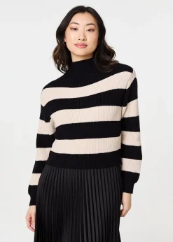 Izabel London Black Striped High Neck Pleat Knit Maxi Dress
