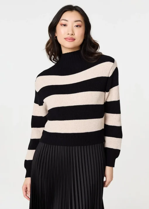 Izabel London Black Striped High Neck Pleat Knit Maxi Dress