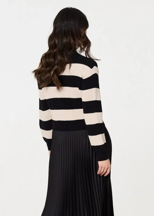 Izabel London Black Striped High Neck Pleat Knit Maxi Dress
