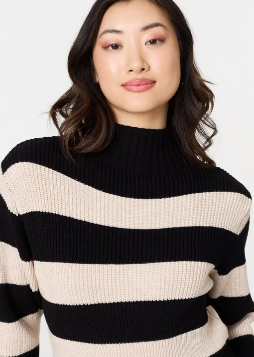 Izabel London Black Striped High Neck Pleat Knit Maxi Dress