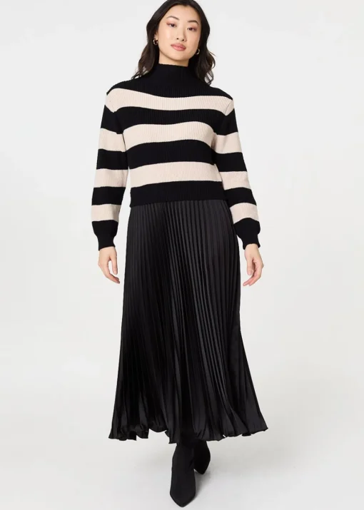 Izabel London Black Striped High Neck Pleat Knit Maxi Dress
