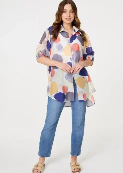 Izabel London Blue Abstract Semi Sheer High Low Shirt