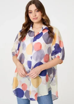 Izabel London Blue Abstract Semi Sheer High Low Shirt