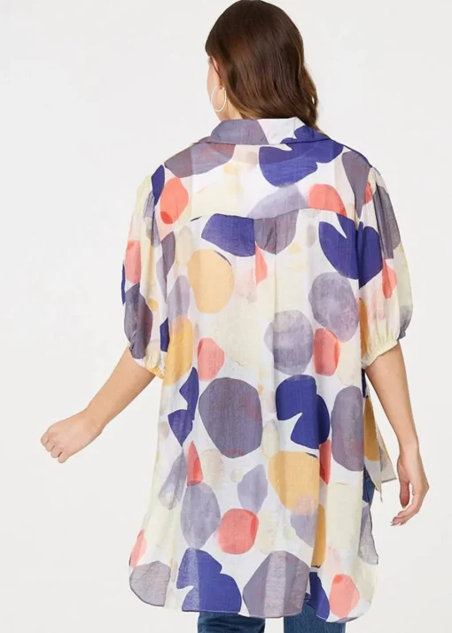 Izabel London Blue Abstract Semi Sheer High Low Shirt