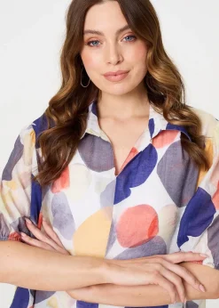 Izabel London Blue Abstract Semi Sheer High Low Shirt