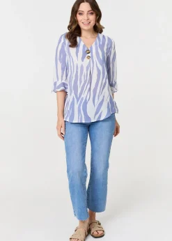 Izabel London Blue Animal Print 3/4 Flared Sleeve Blouse