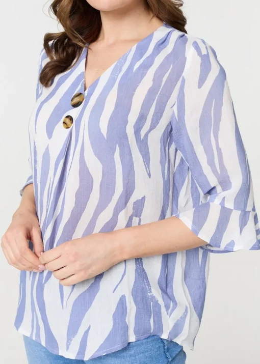 Izabel London Blue Animal Print 3/4 Flared Sleeve Blouse
