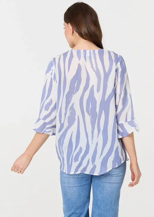 Izabel London Blue Animal Print 3/4 Flared Sleeve Blouse