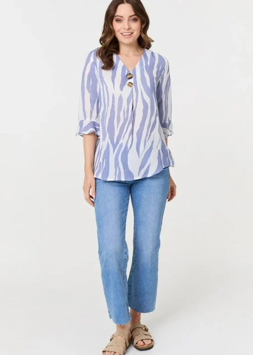 Izabel London Blue Animal Print 3/4 Flared Sleeve Blouse
