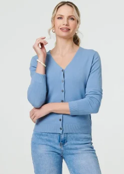 Izabel London Blue Cropped Button Up Slim Knit Cardigan