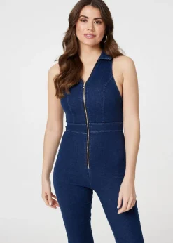 Izabel London Blue Denim Zip Front Flared Jumpsuit