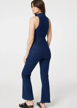 Izabel London Blue Denim Zip Front Flared Jumpsuit