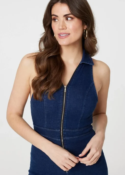 Izabel London Blue Denim Zip Front Flared Jumpsuit