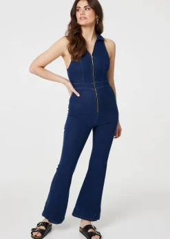 Izabel London Blue Denim Zip Front Flared Jumpsuit