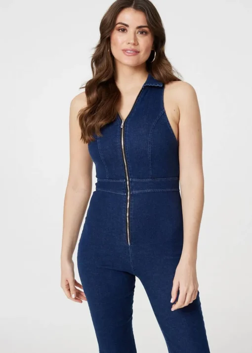 Izabel London Blue Denim Zip Front Flared Jumpsuit