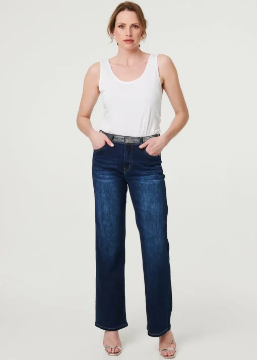 Izabel London Blue Diamante Stud High Waist Straight Jeans