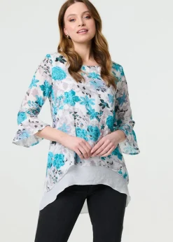 Izabel London Blue Floral Curve Layered Hem Blouse