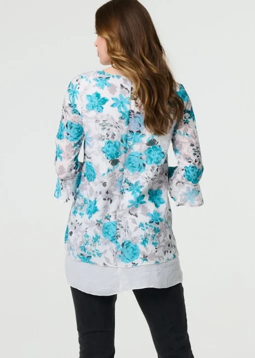 Izabel London Blue Floral Curve Layered Hem Blouse