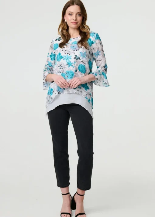 Izabel London Blue Floral Curve Layered Hem Blouse