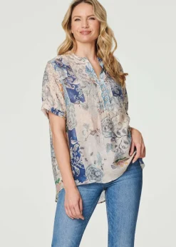 Izabel London Blue Floral Collarless Short Sleeve Blouse