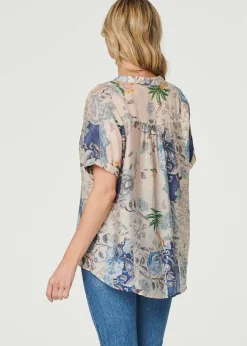 Izabel London Blue Floral Collarless Short Sleeve Blouse