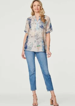 Izabel London Blue Floral Collarless Short Sleeve Blouse