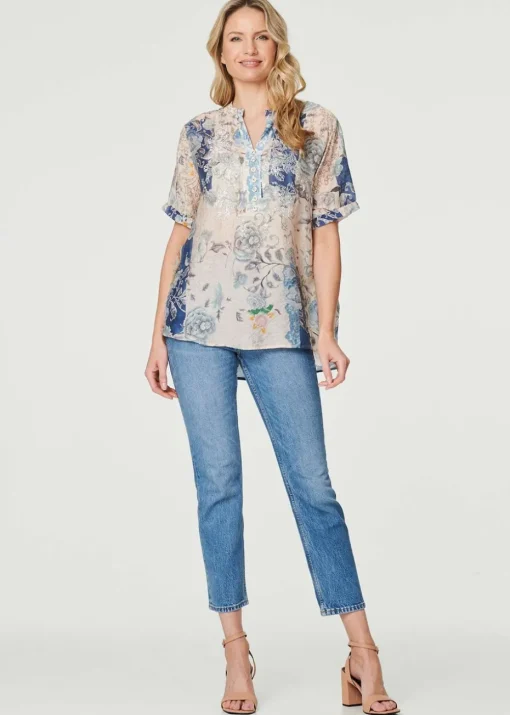 Izabel London Blue Floral Collarless Short Sleeve Blouse