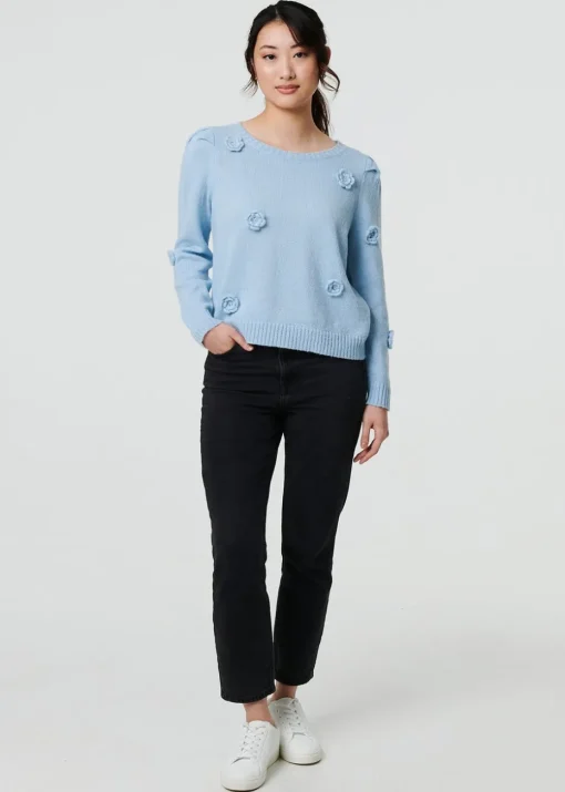 Izabel London Blue Floral Embroidered Cropped Jumper