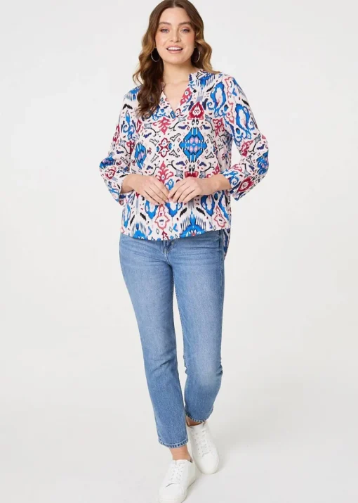 Izabel London Blue Ikat Print V-Neck Blouse