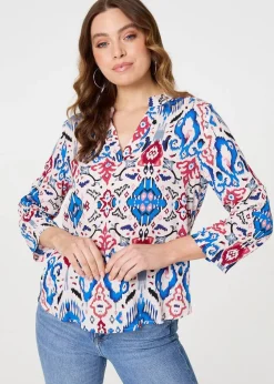 Izabel London Blue Ikat Print V-Neck Blouse