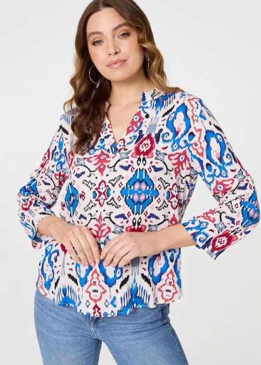 Izabel London Blue Ikat Print V-Neck Blouse