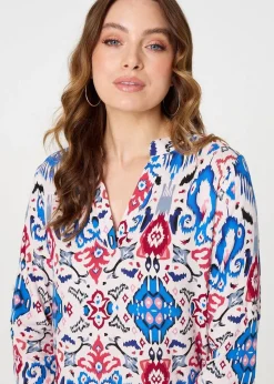 Izabel London Blue Ikat Print V-Neck Blouse