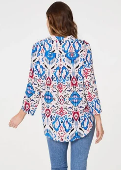 Izabel London Blue Ikat Print V-Neck Blouse