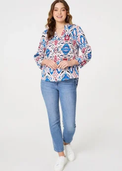 Izabel London Blue Ikat Print V-Neck Blouse