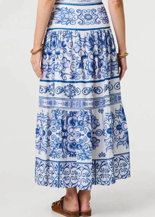 Izabel London Blue Mosaic Print High Waist Tiered Maxi Skirt