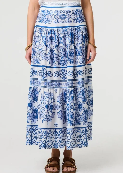 Izabel London Blue Mosaic Print High Waist Tiered Maxi Skirt