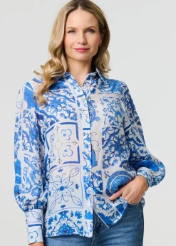 Izabel London Blue Mosaic Print Puff Sleeve Shirt