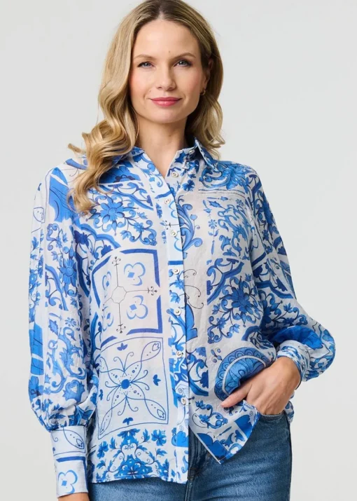 Izabel London Blue Mosaic Print Puff Sleeve Shirt