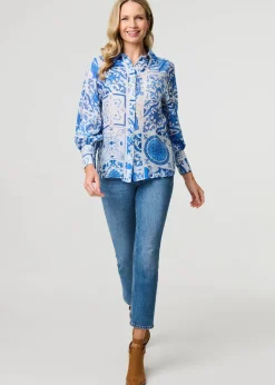 Izabel London Blue Mosaic Print Puff Sleeve Shirt