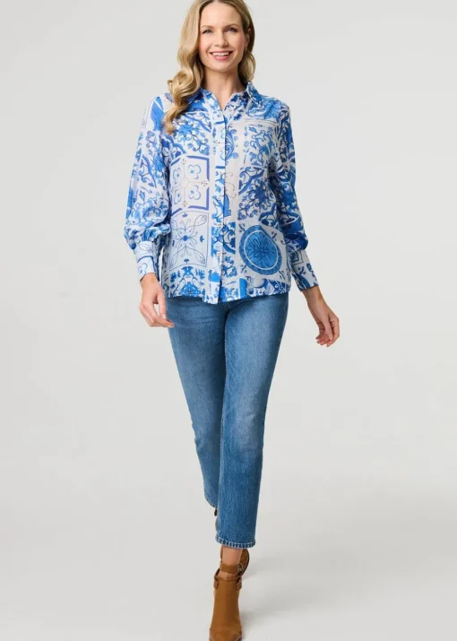 Izabel London Blue Mosaic Print Puff Sleeve Shirt
