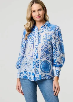 Izabel London Blue Mosaic Print Puff Sleeve Shirt