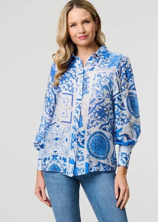 Izabel London Blue Mosaic Print Puff Sleeve Shirt