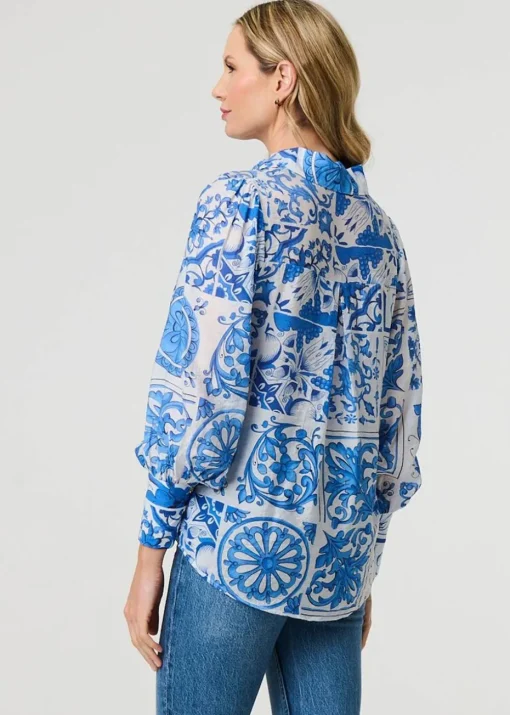 Izabel London Blue Mosaic Print Puff Sleeve Shirt