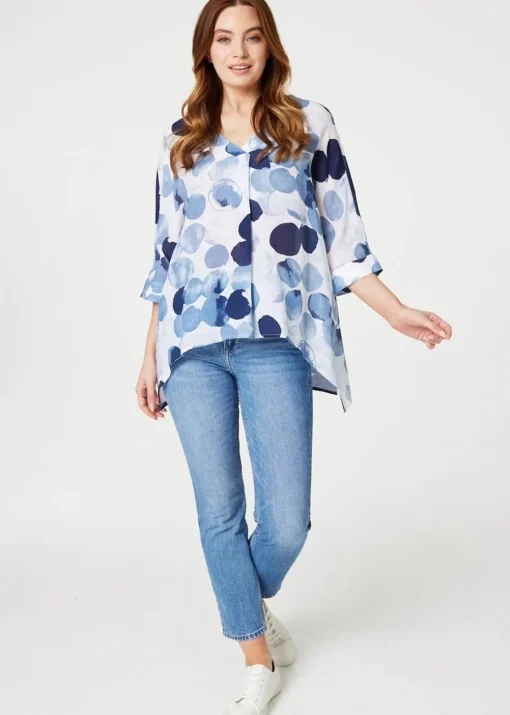 Izabel London Blue Polka Dot 3/4 Sleeve Blouse Top
