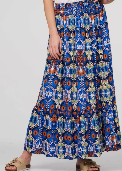 Izabel London Blue Printed Shirred High Waist Maxi Skirt